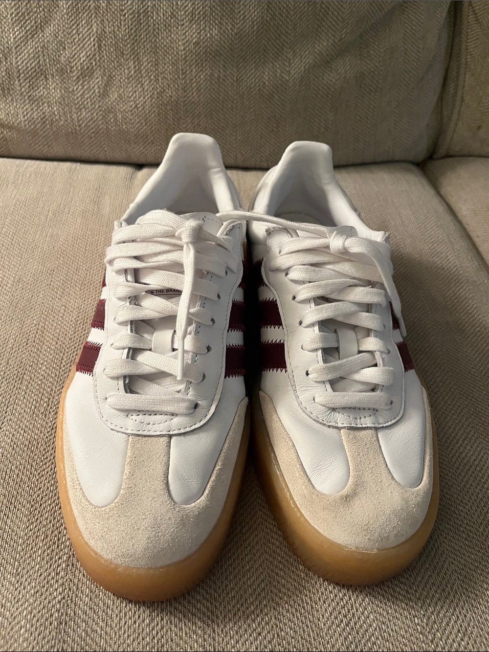 Adidas Samba Sneakers in White with Burgundy Stripes and Gum Sole - Picture 2 of 4